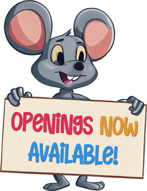 A cheerful mouse holding an Openings Now Available sign
